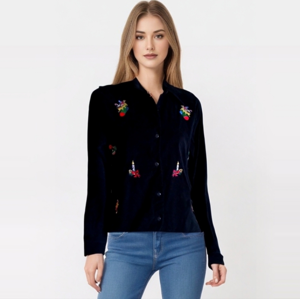 Vintage Bill Blass Christmas Holiday Embroidered Velvet Button Down Shirt Top